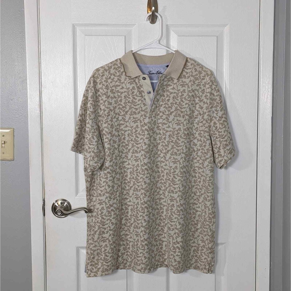 Retro Tasso Elba Beige Leaf Print 1/4 Button Pullover Polo Top Size Large